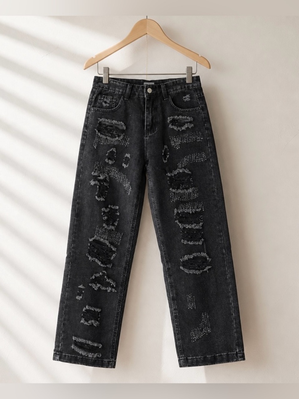 Women’s Distressed Black Ripped Straight-Leg Jeans Size M (8-10)